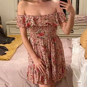 Reformation off-the-shoulder rose print mini dress